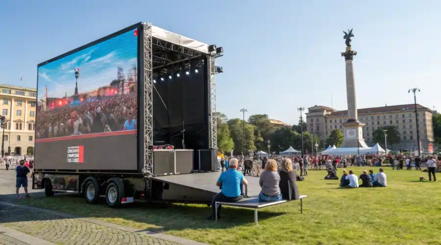 Un écran LED monté sur une remorque dans un champ ou une place publique, événement en plein air avec public.